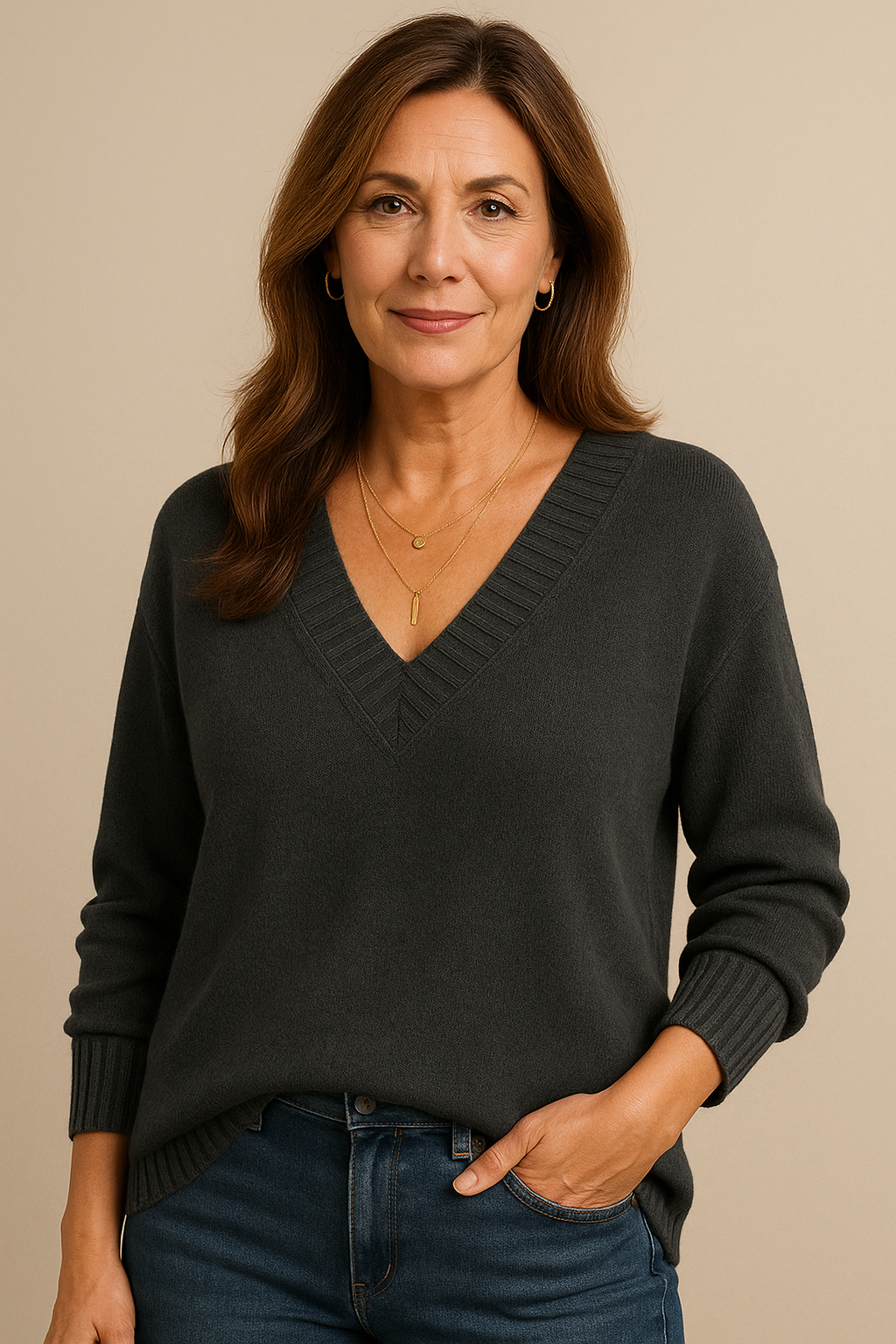 Women's Relaxed V-Neck Ribbed Knit Sweater