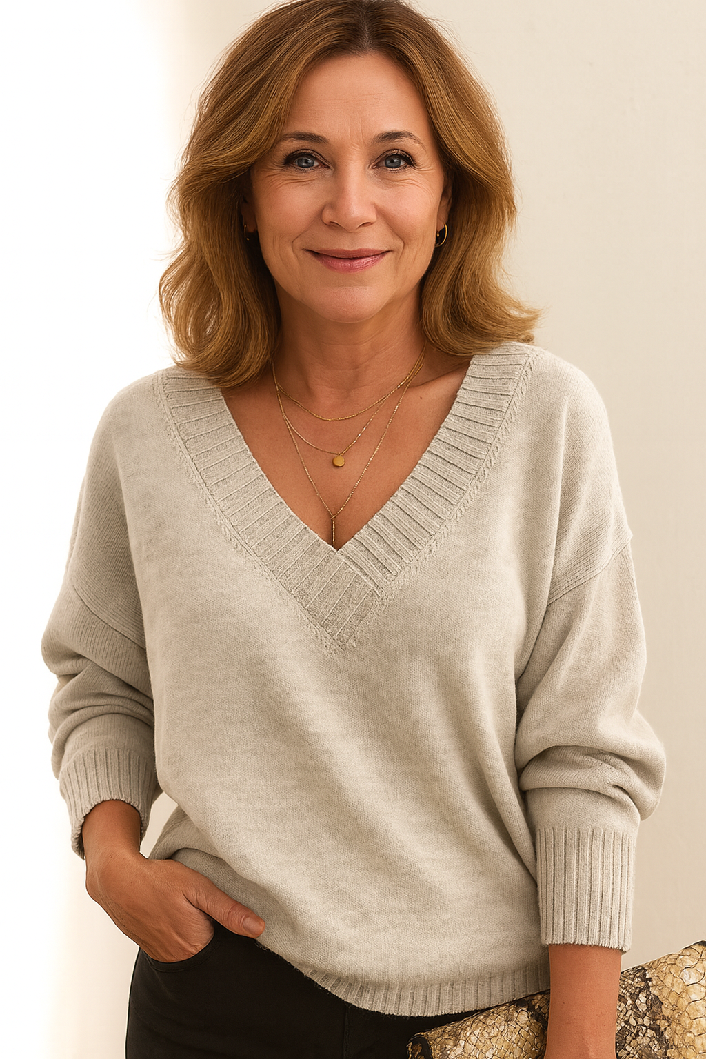 Women's Relaxed V-Neck Ribbed Knit Sweater