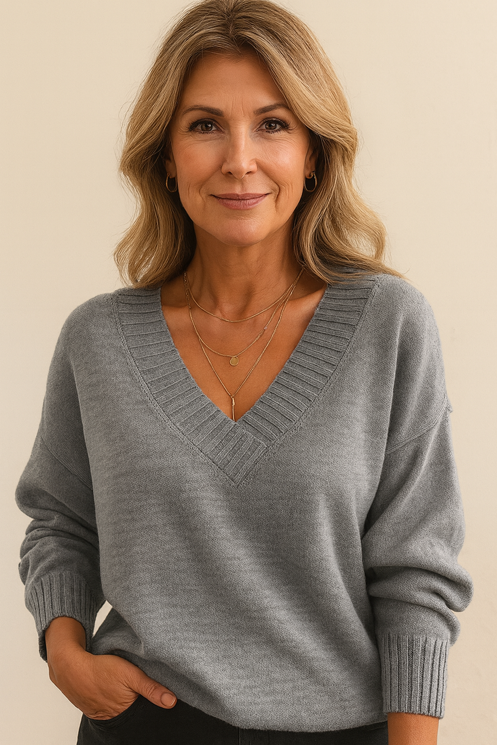 Women's Relaxed V-Neck Ribbed Knit Sweater