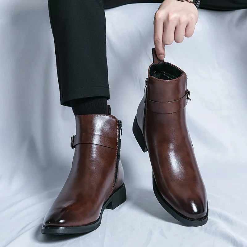 Men's Buckled Pointed Toe Zip Ankle Boots