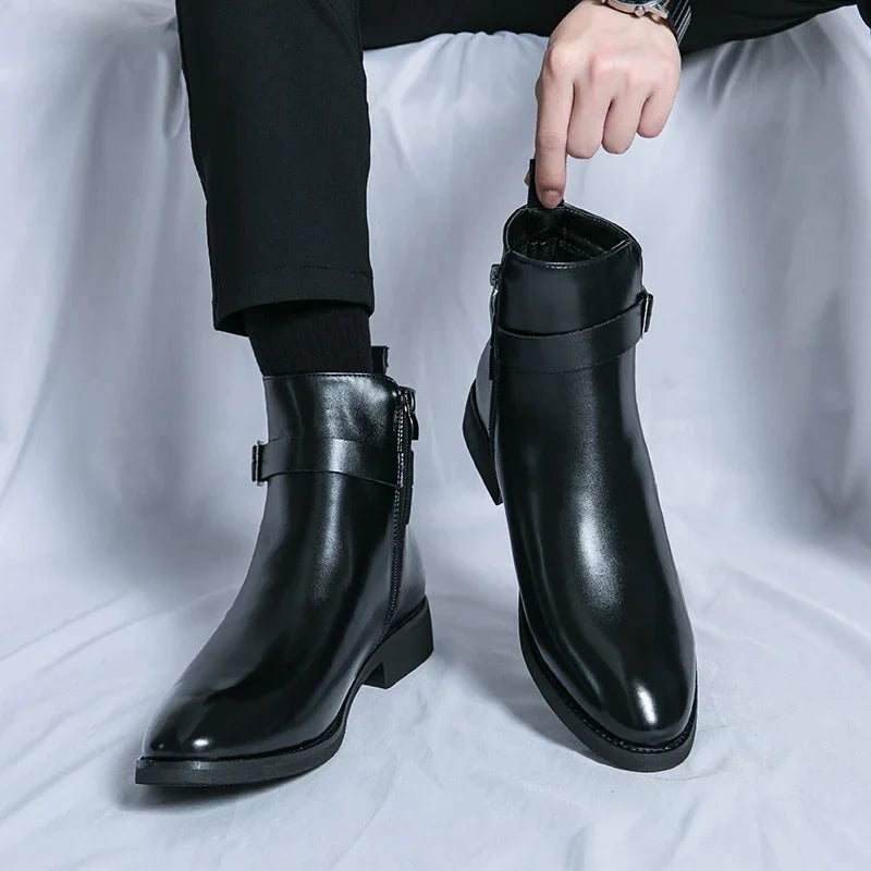 Men's Buckled Pointed Toe Zip Ankle Boots