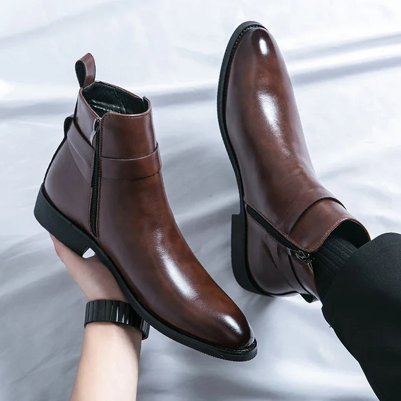 Men's Buckled Pointed Toe Zip Ankle Boots