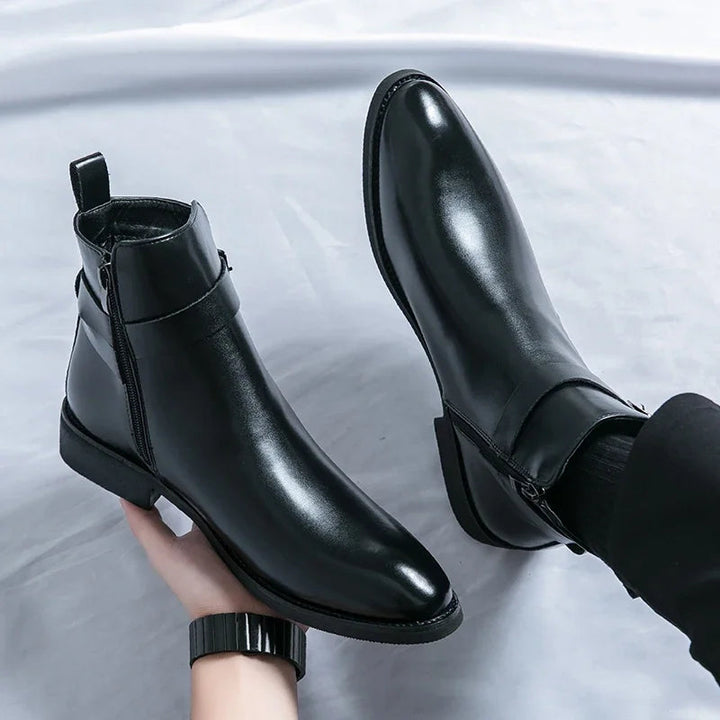 Men's Buckled Pointed Toe Zip Ankle Boots