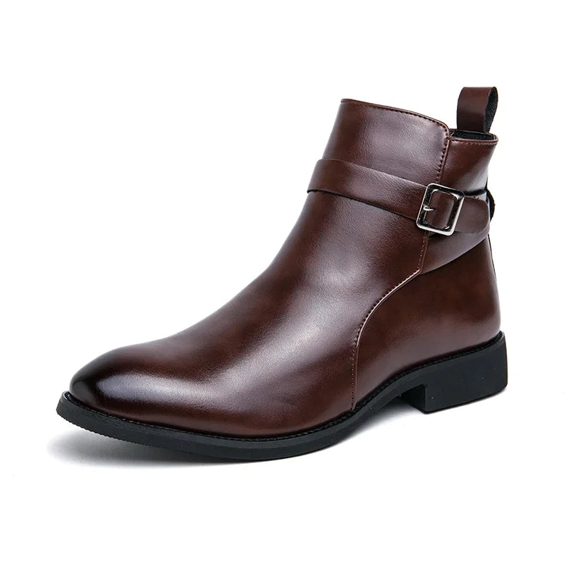 Men's Buckled Pointed Toe Zip Ankle Boots