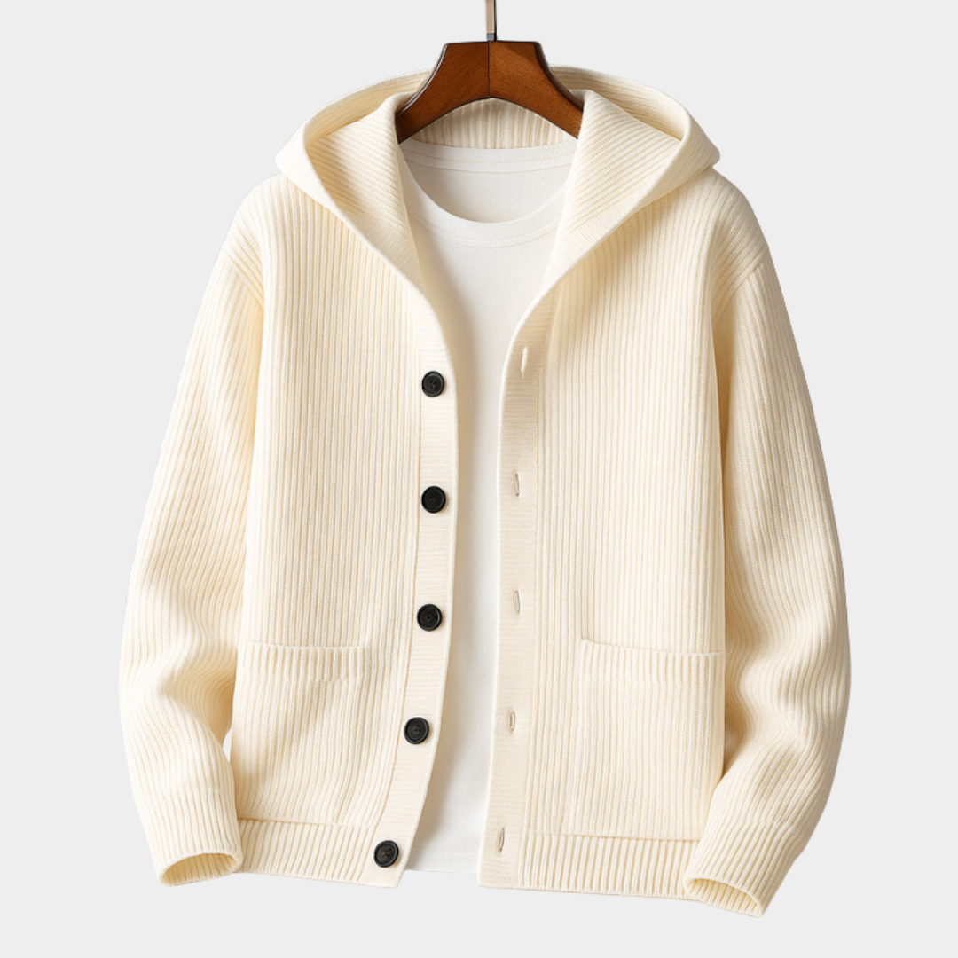 Men's Hooded Ribbed Knit Button-Front Cardigan