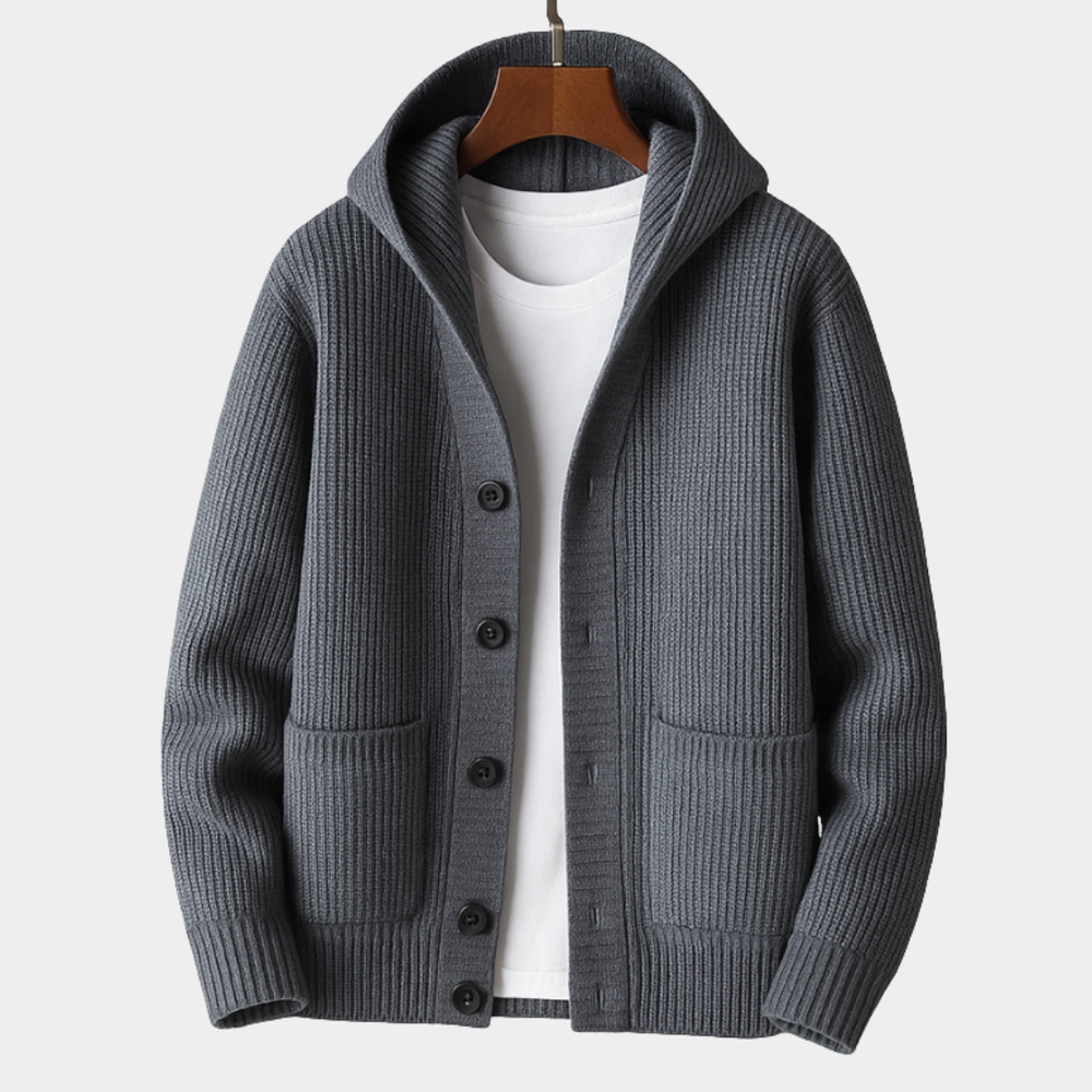 Men's Hooded Ribbed Knit Button-Front Cardigan