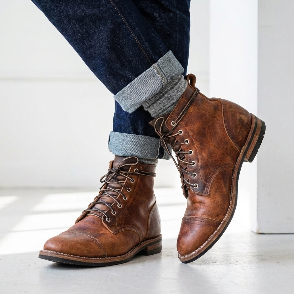 Men's Lace-Up Cap Toe Leather Ankle Boots