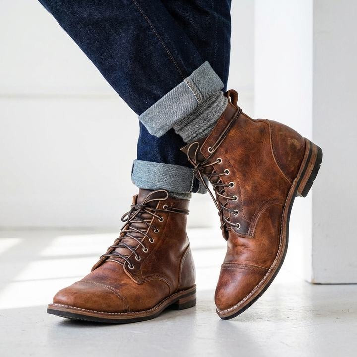 Men's Lace-Up Cap Toe Leather Ankle Boots