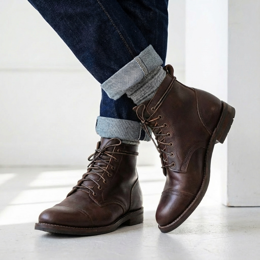 Men's Lace-Up Cap Toe Leather Ankle Boots