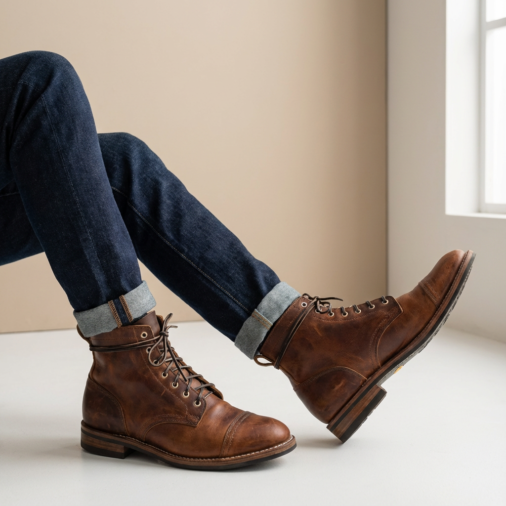 Men's Lace-Up Cap Toe Leather Ankle Boots