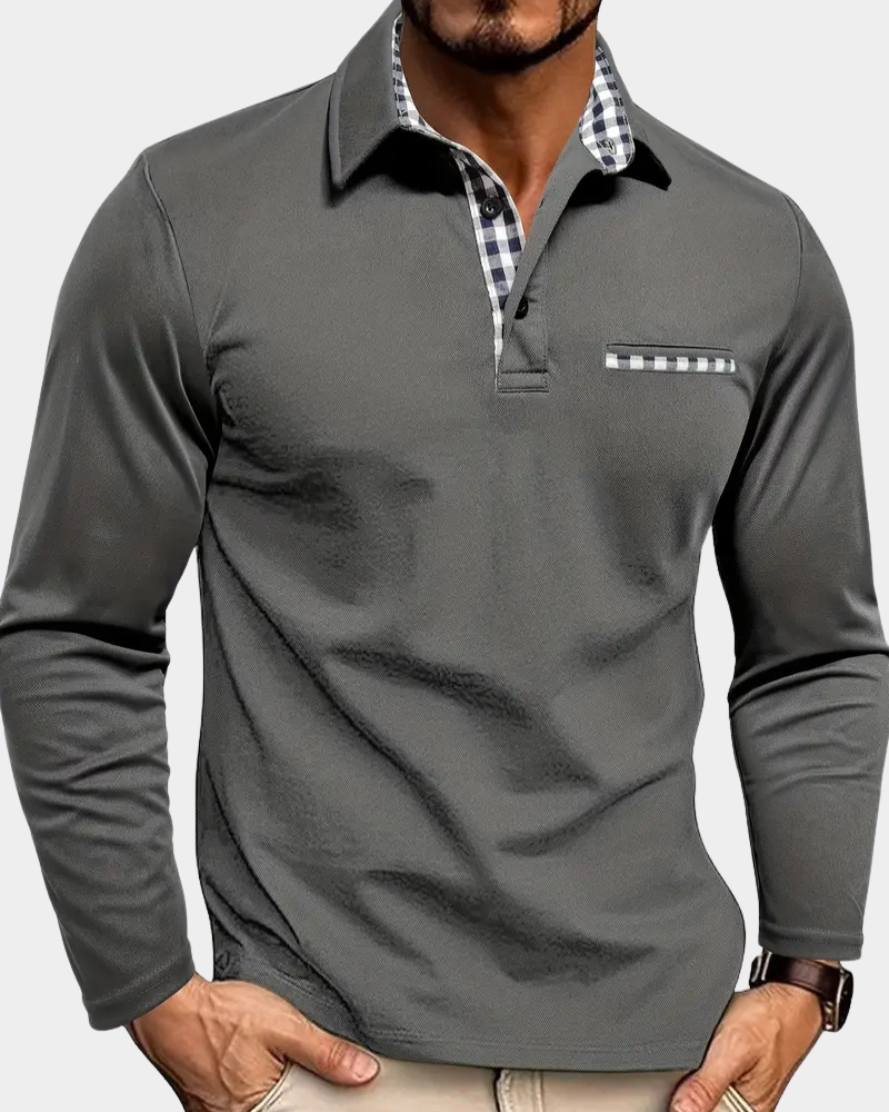 Men's Long Sleeve Check Collar Polo Shirt