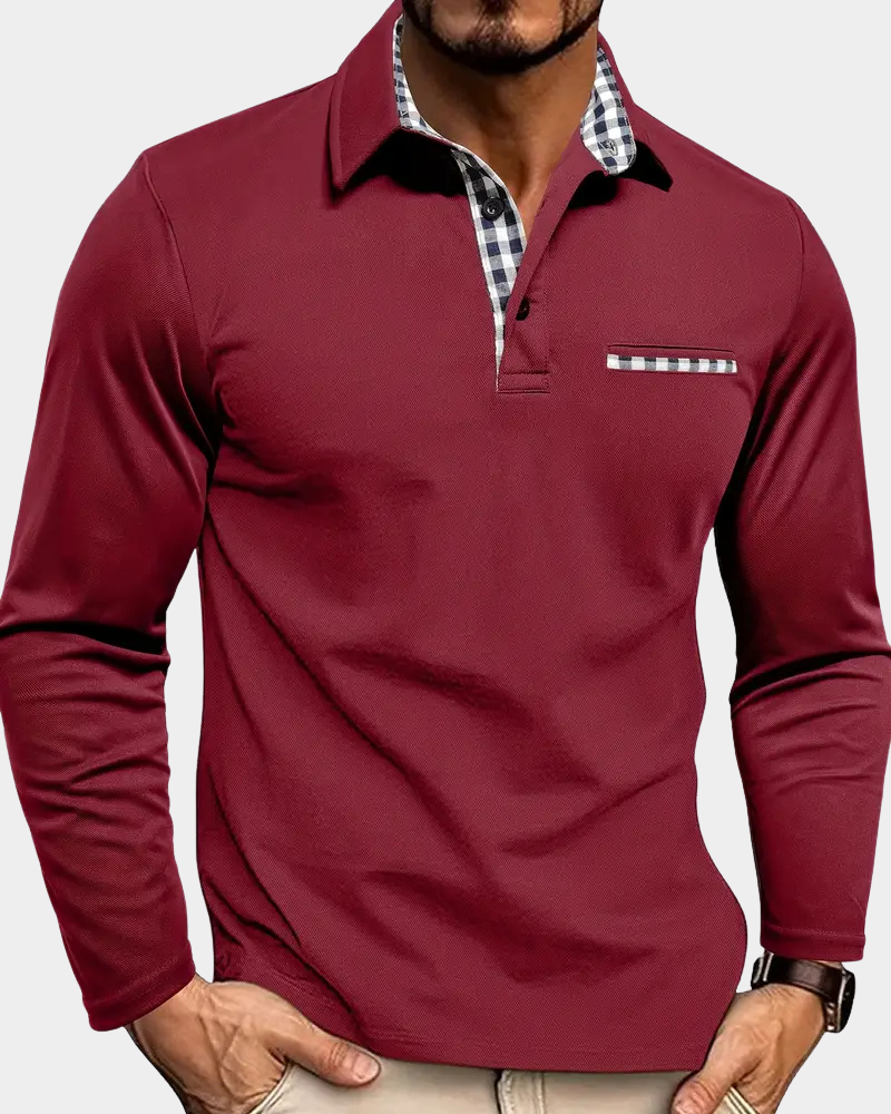 Men's Long Sleeve Check Collar Polo Shirt
