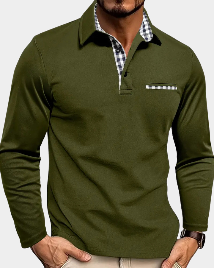 Men's Long Sleeve Check Collar Polo Shirt
