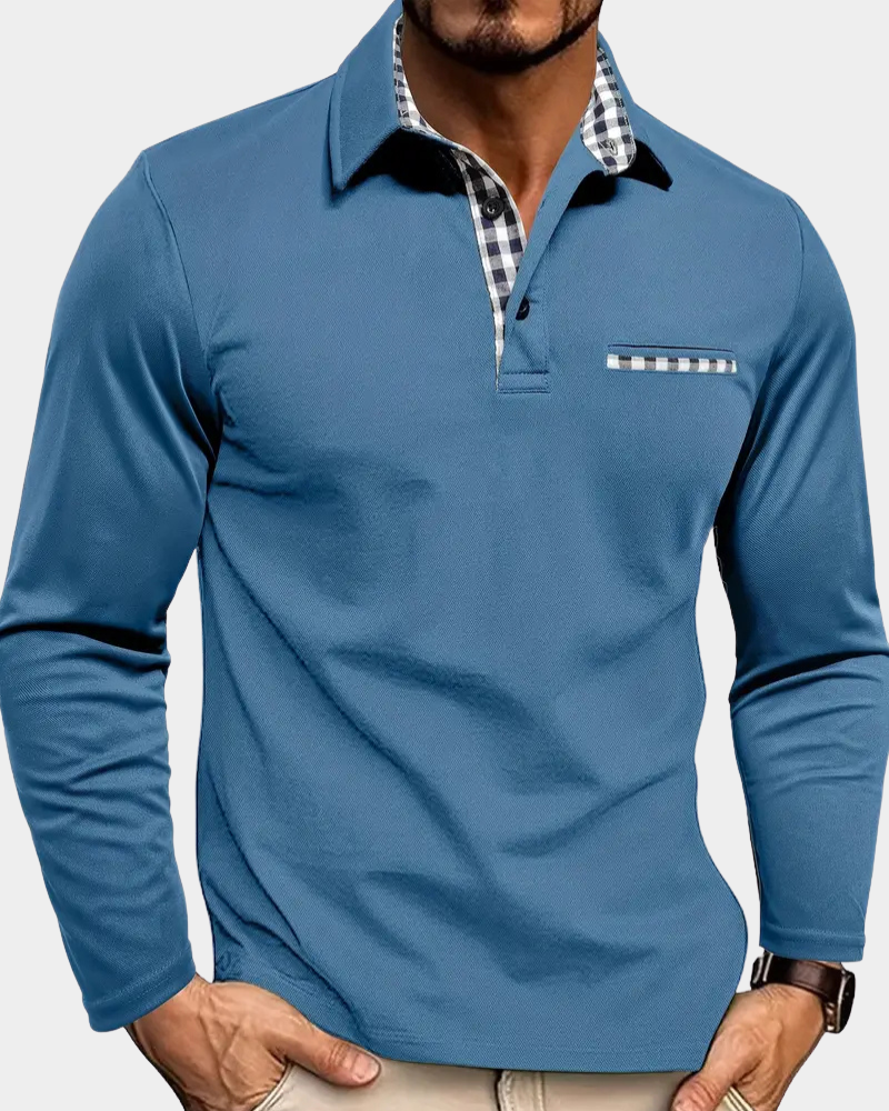 Men's Long Sleeve Check Collar Polo Shirt