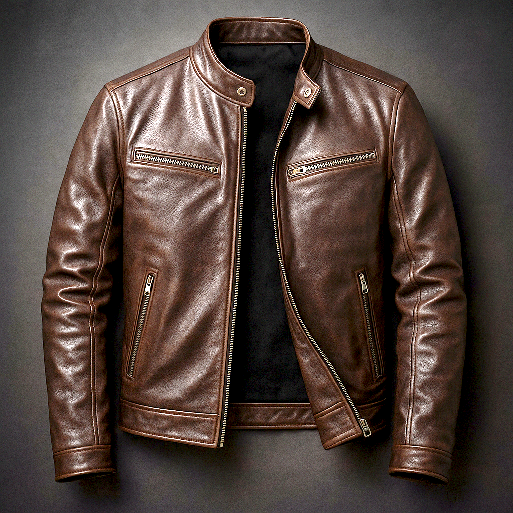 Men's Stand Collar Zip Front Leather Jacket