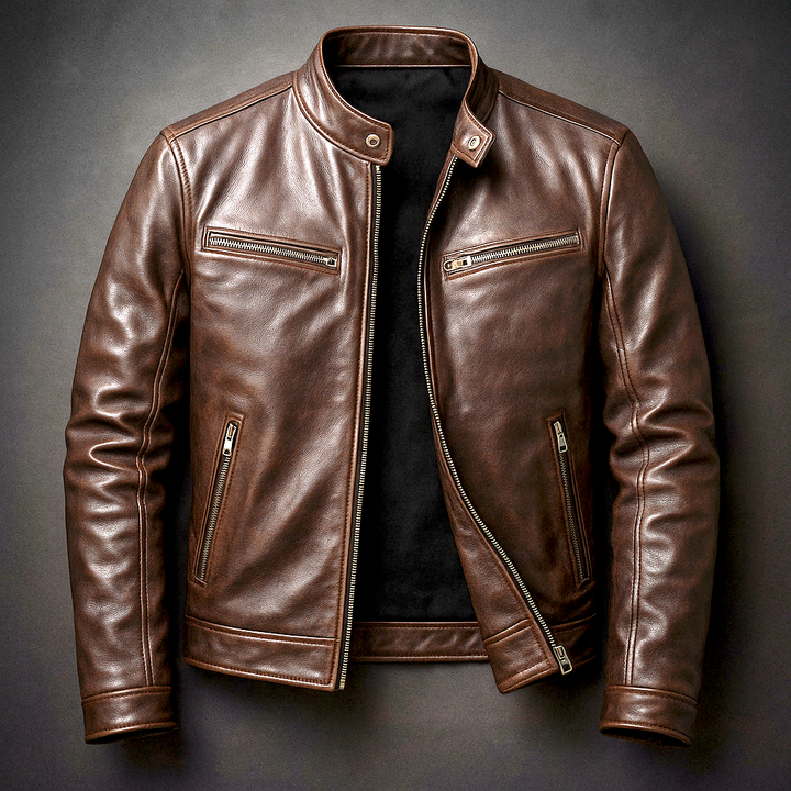 Men's Stand Collar Zip Front Leather Jacket