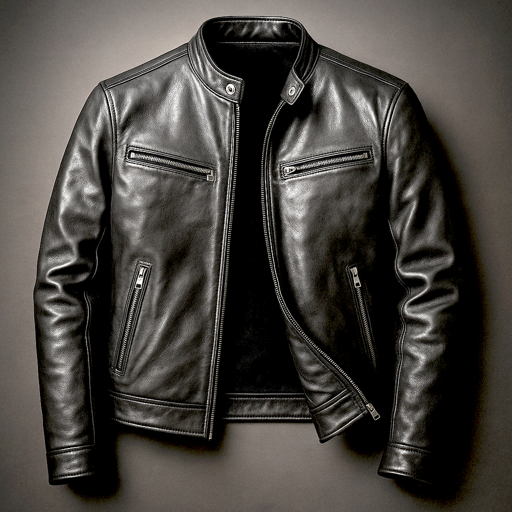Men's Stand Collar Zip Front Leather Jacket