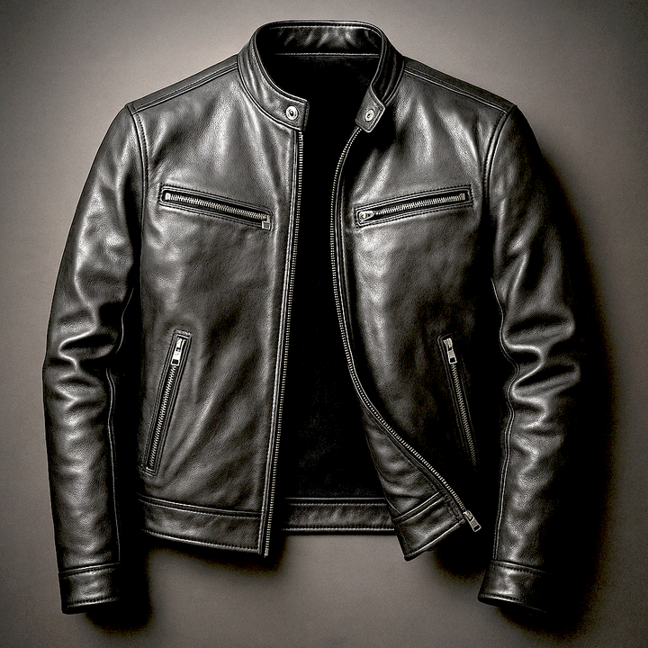 Men's Stand Collar Zip Front Leather Jacket