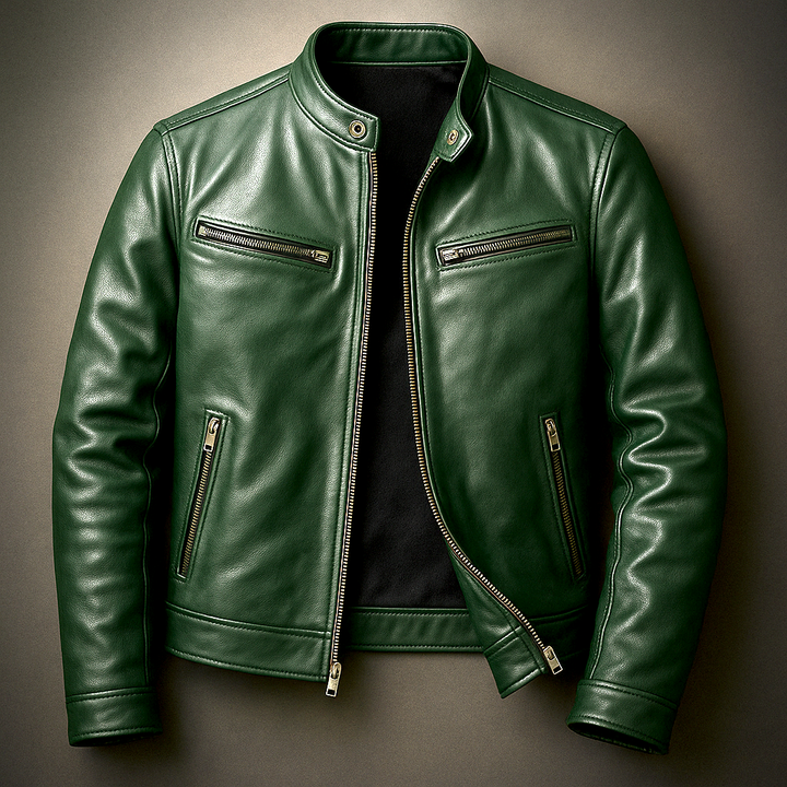 Men's Stand Collar Zip Front Leather Jacket