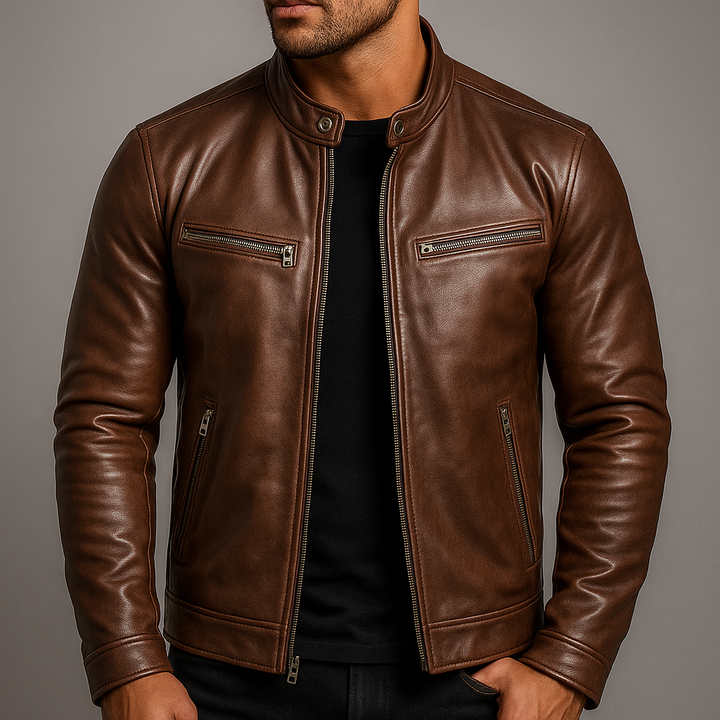 Men's Stand Collar Zip Front Leather Jacket