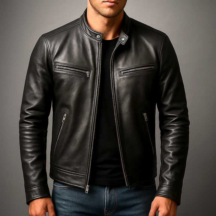 Men's Stand Collar Zip Front Leather Jacket