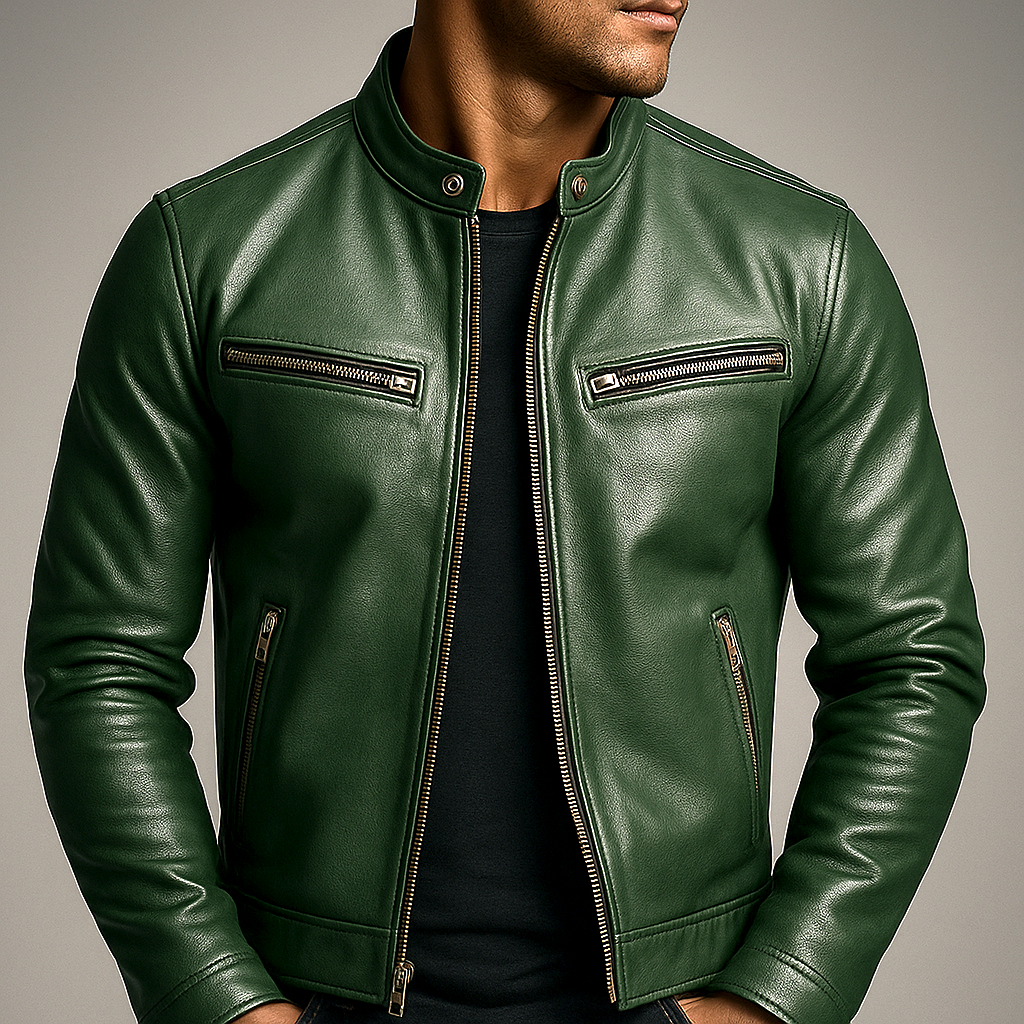 Men's Stand Collar Zip Front Leather Jacket