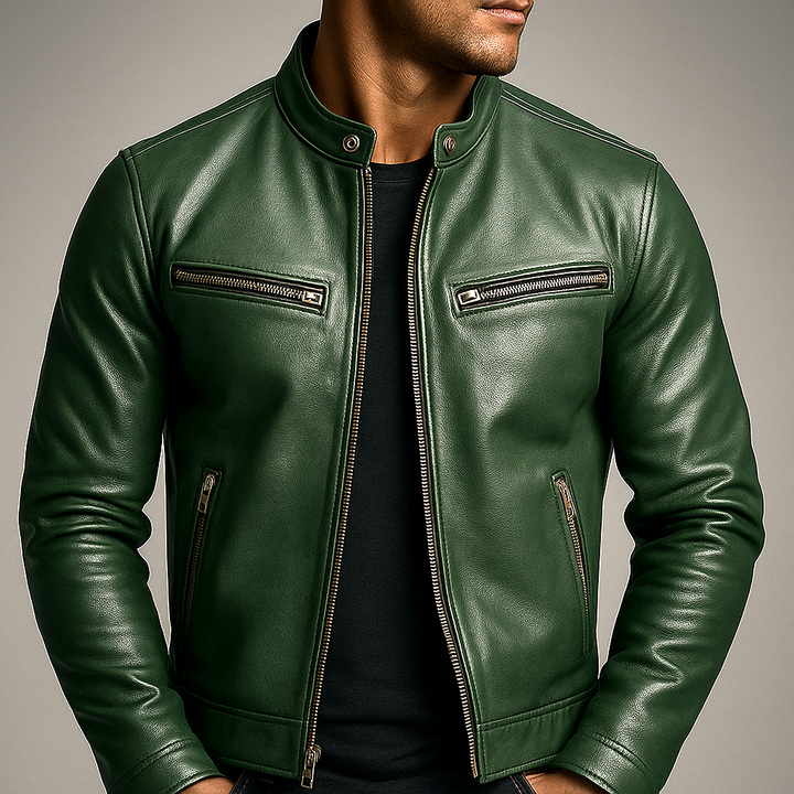Men's Stand Collar Zip Front Leather Jacket