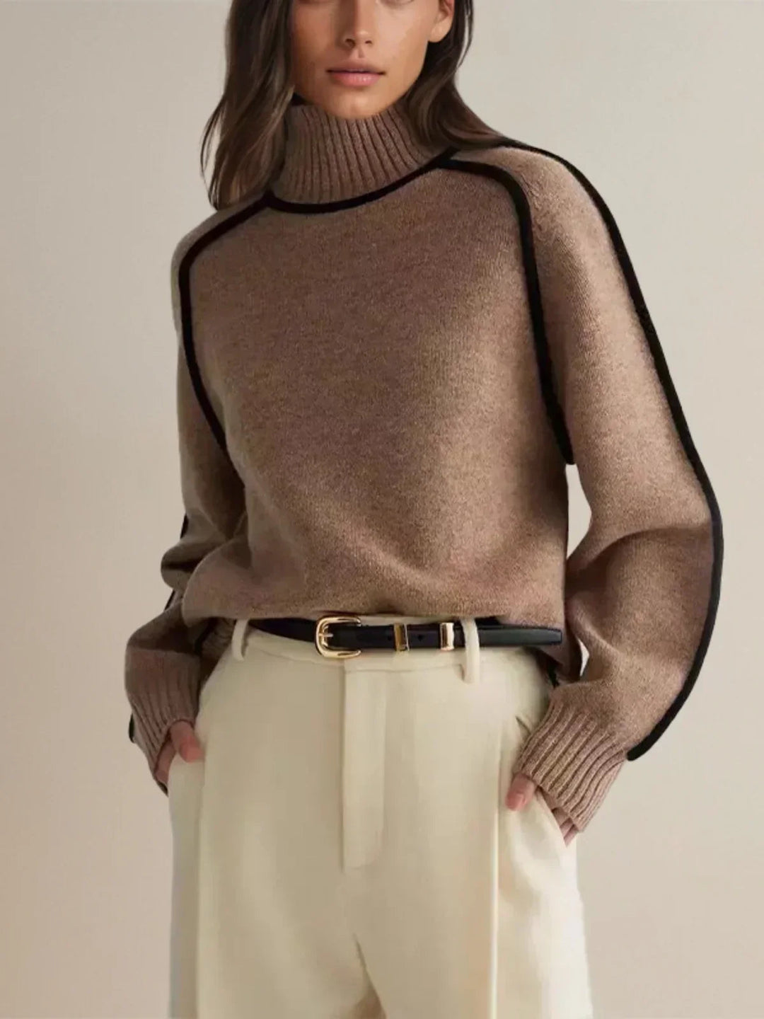 Women's Contrast Piped Turtleneck Sweater