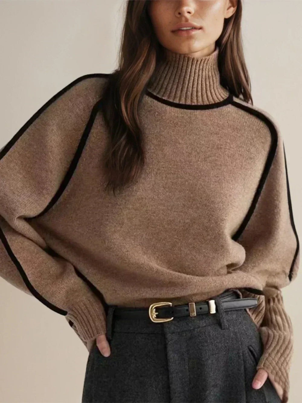Women's Contrast Piped Turtleneck Sweater