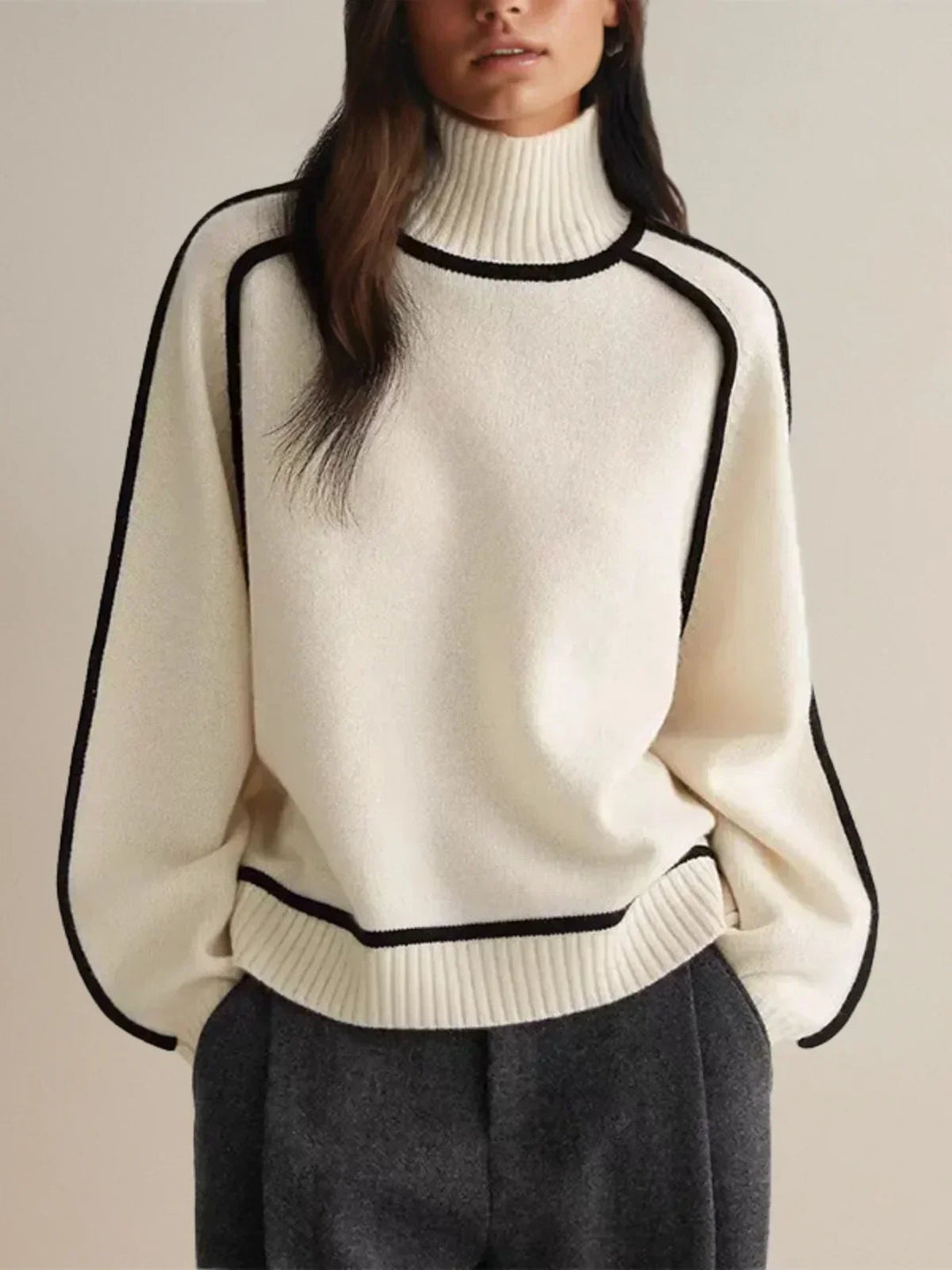 Women's Contrast Piped Turtleneck Sweater