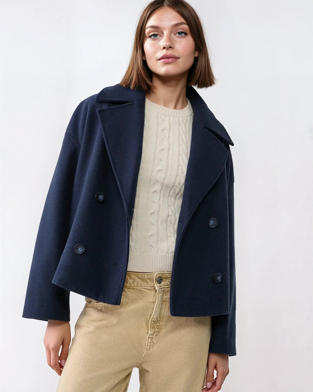 Women's Double-Breasted Cropped Wool Blend Coat