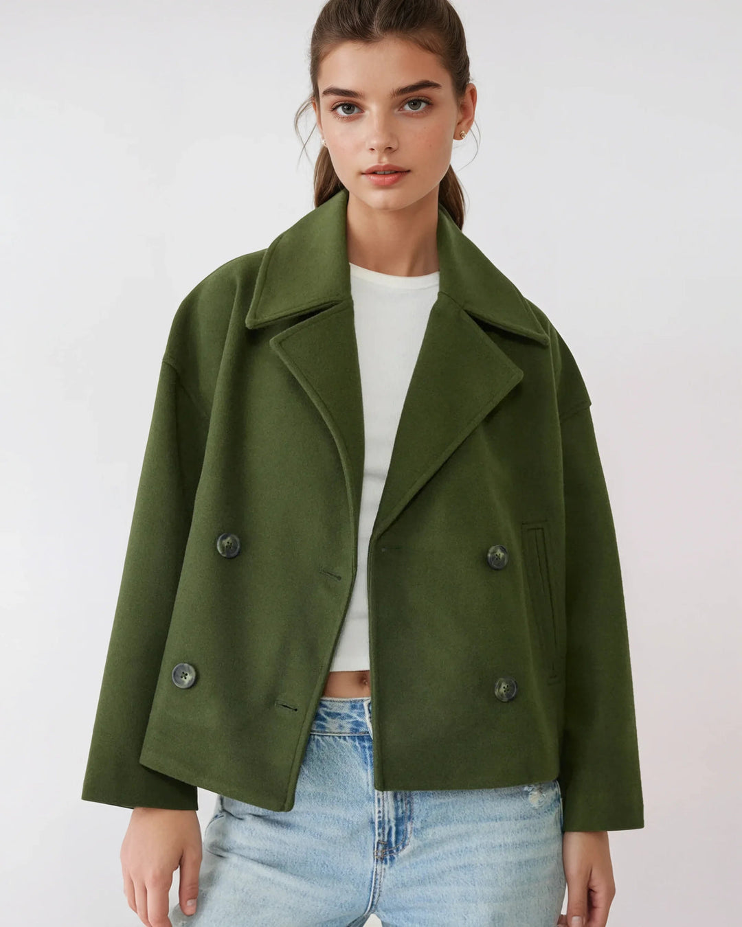 Women's Double-Breasted Cropped Wool Blend Coat