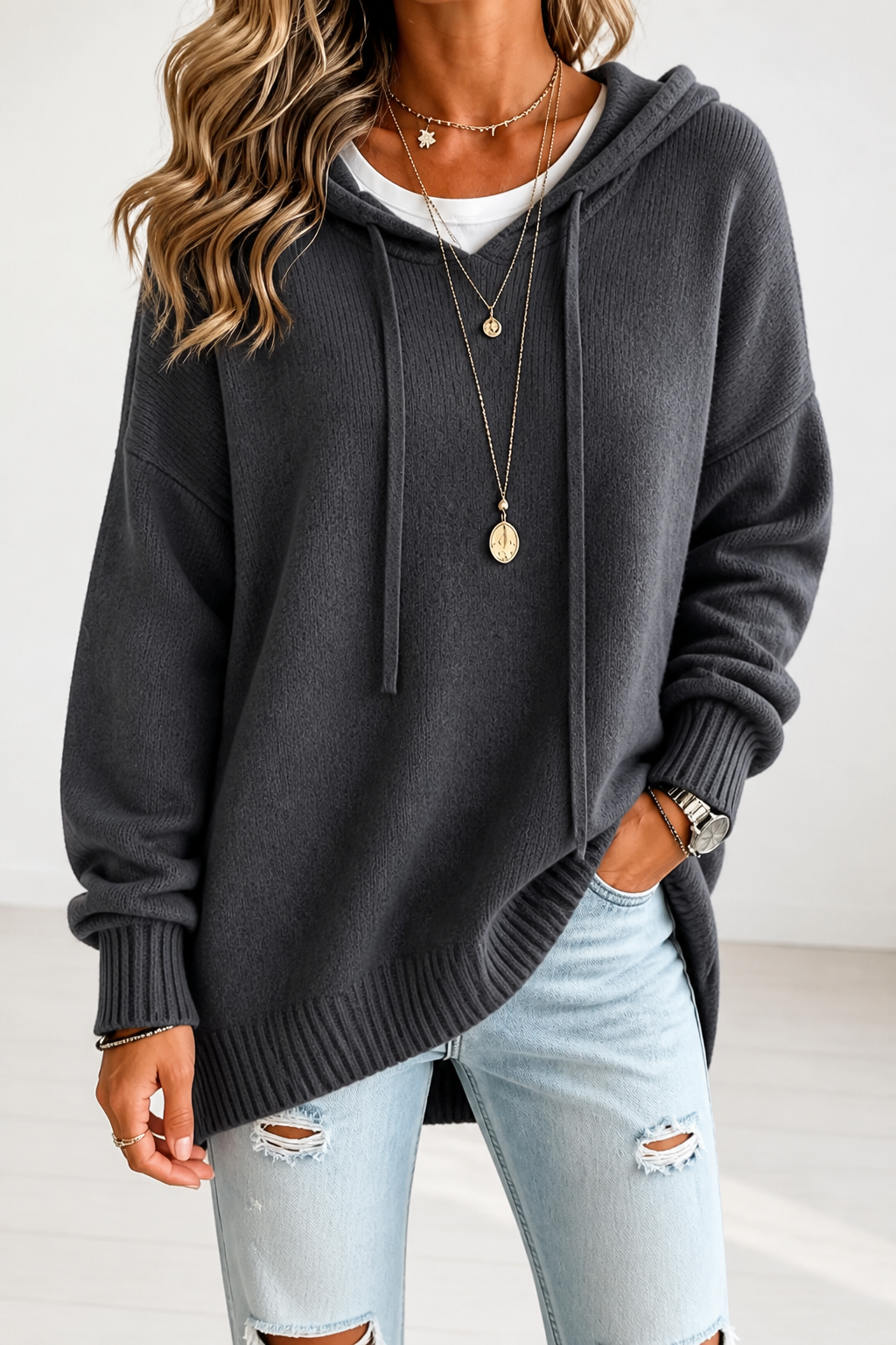 Women's Drawstring Hooded Relaxed Knit Sweater