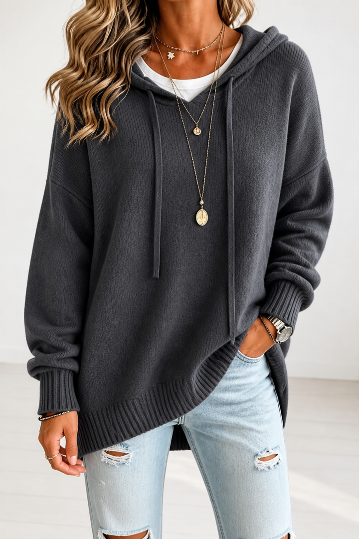 Women's Drawstring Hooded Relaxed Knit Sweater