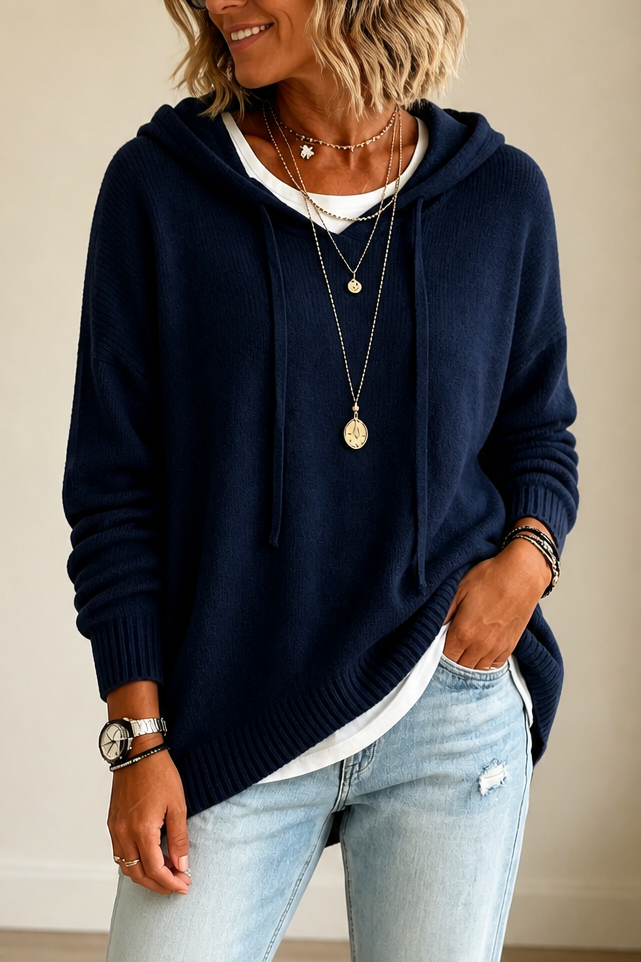 Women's Drawstring Hooded Relaxed Knit Sweater