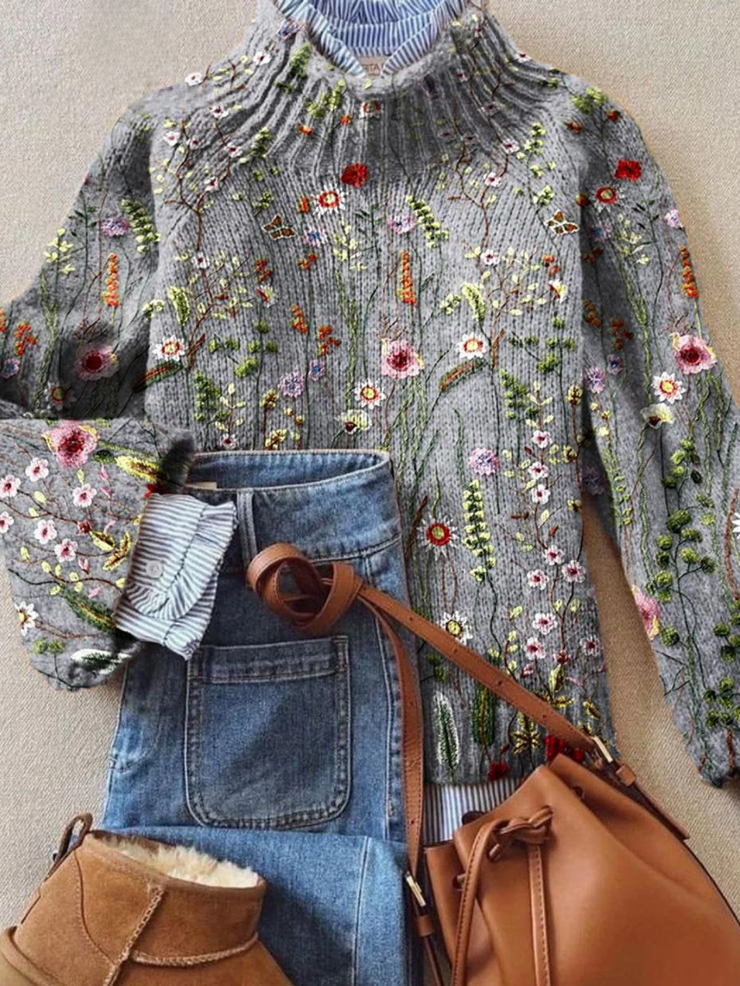 Women's Floral Embroidered Mock Neck Sweater