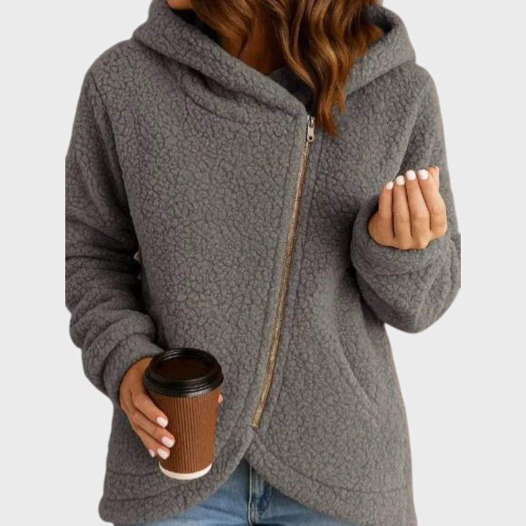 Women's Hooded Asymmetric Zip Sherpa Jacket