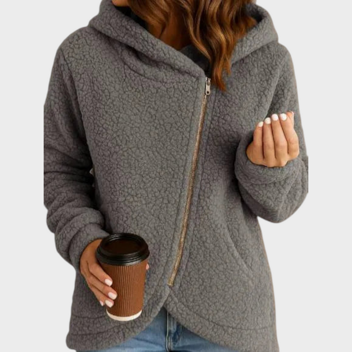 Women's Hooded Asymmetric Zip Sherpa Jacket