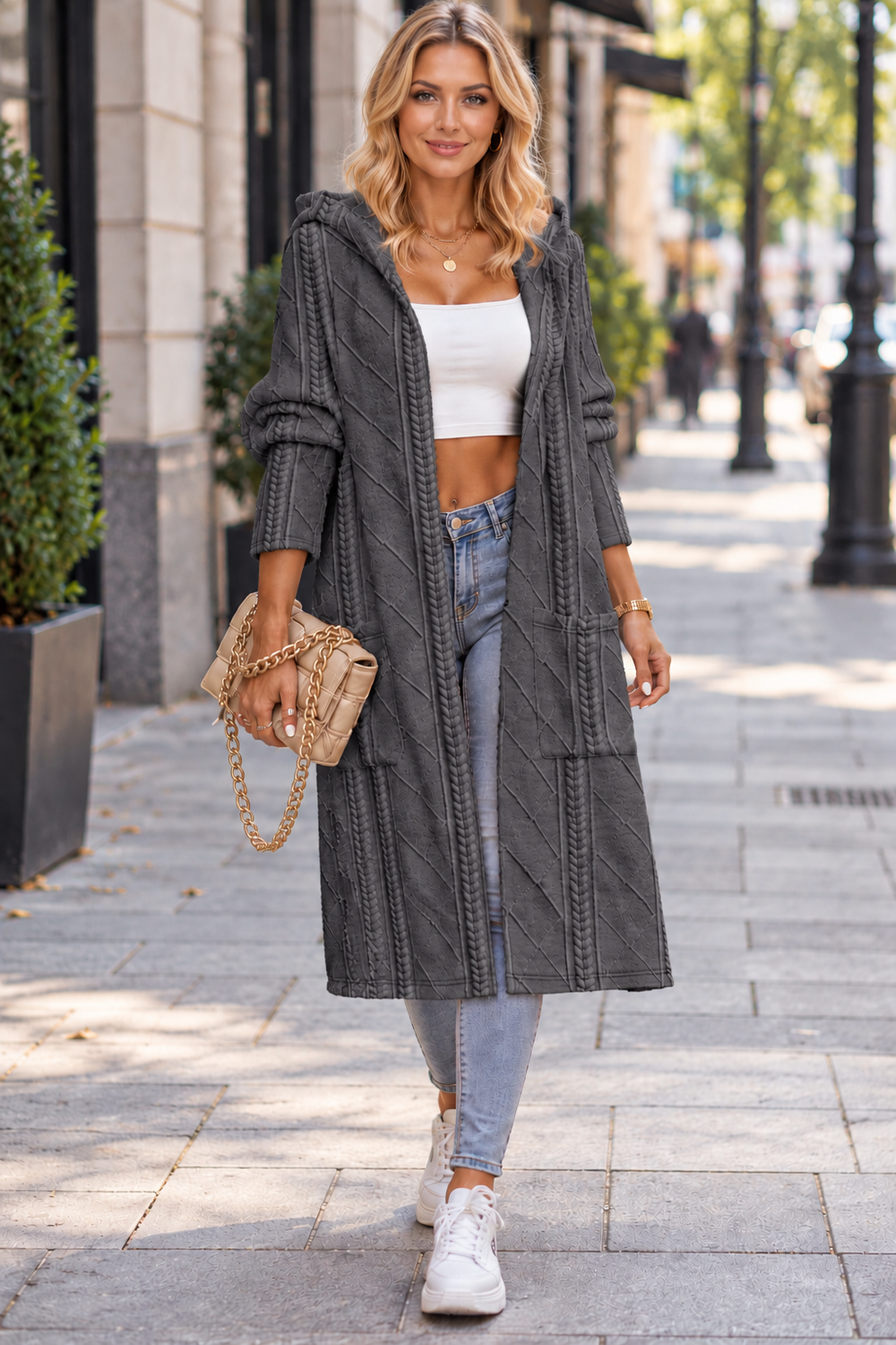 Women's Hooded Longline Open Cardigan
