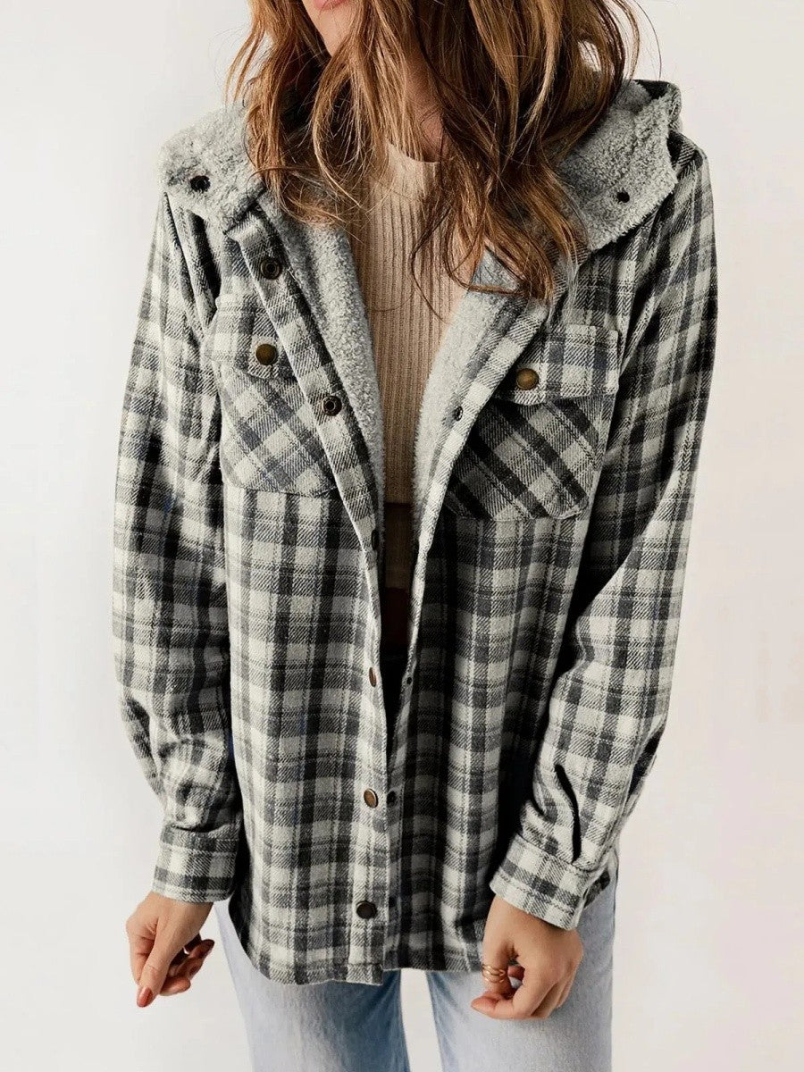 Women's Hooded Plaid Button-Down Jacket