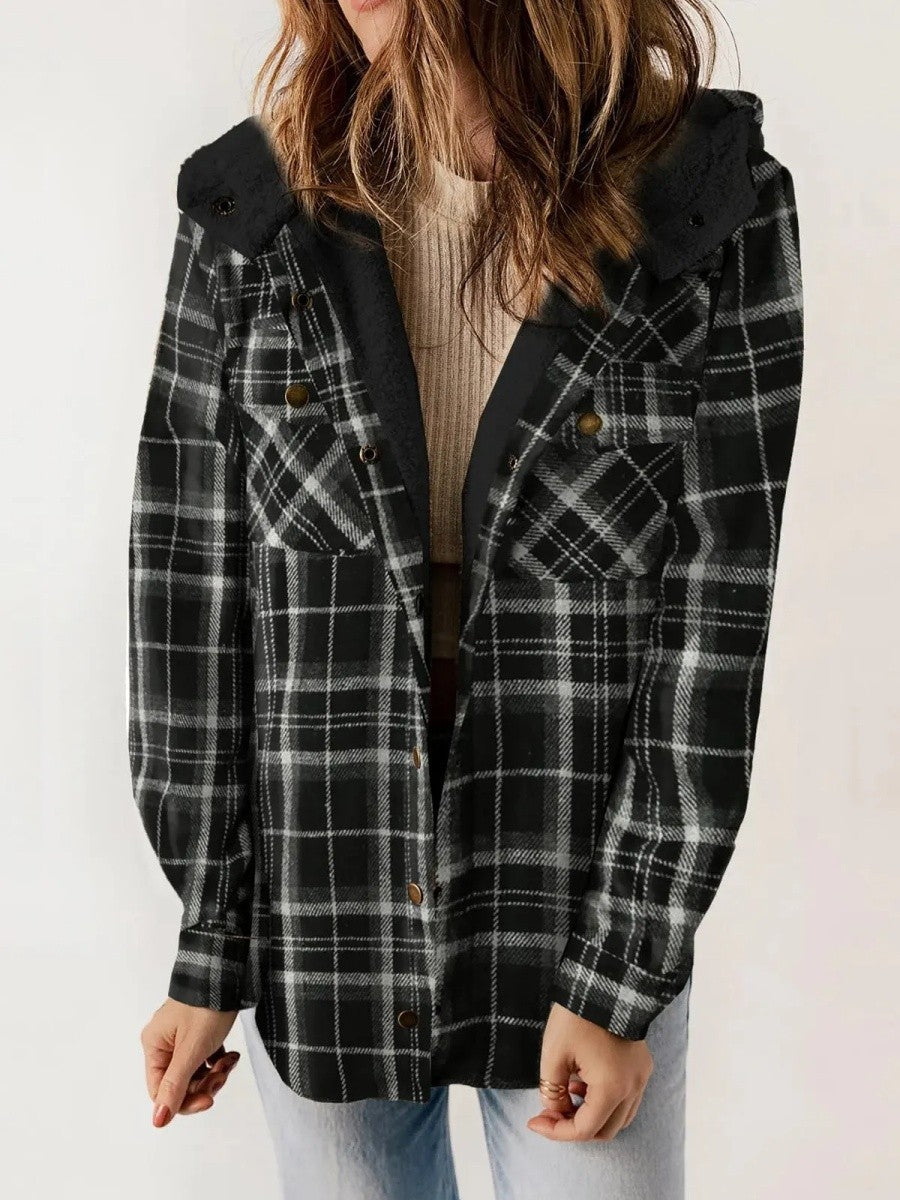 Women's Hooded Plaid Button-Down Jacket