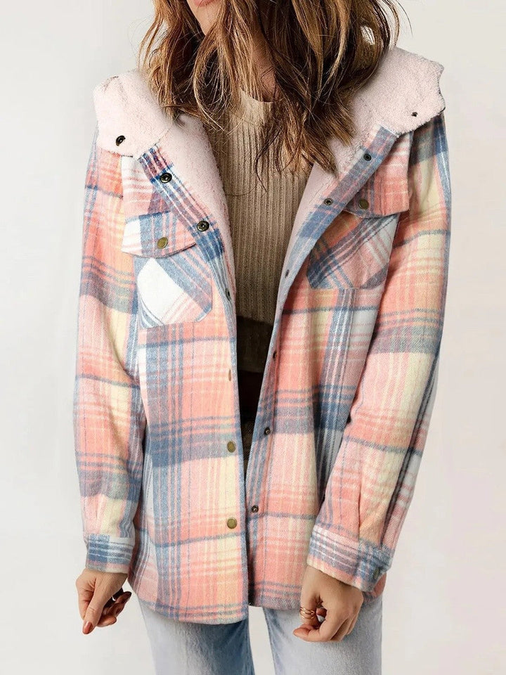 Women's Hooded Plaid Button-Down Jacket