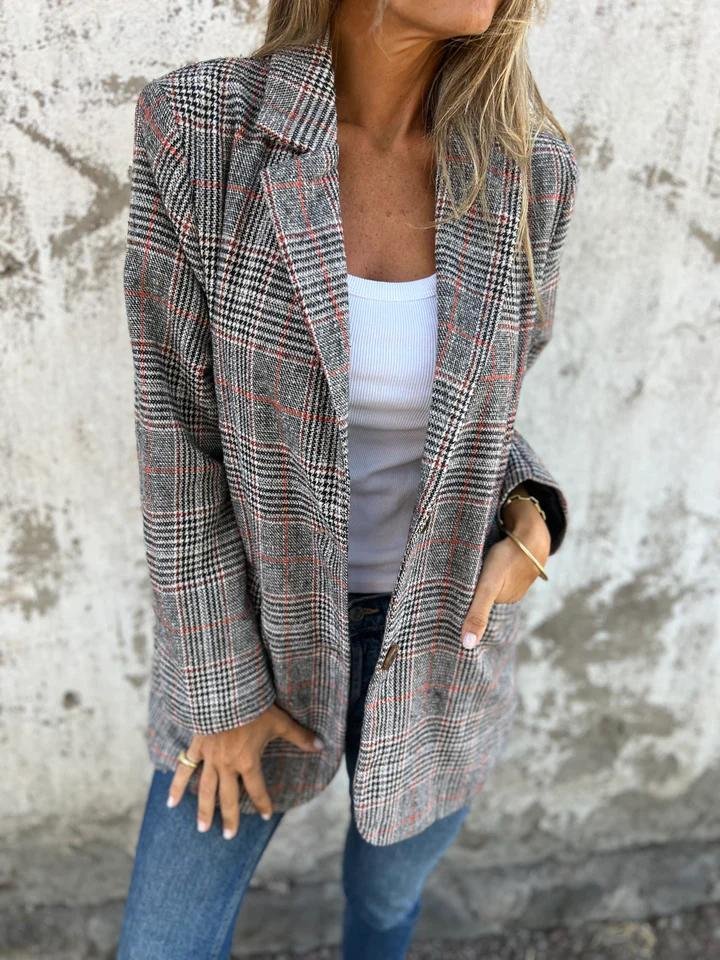 Women's Plaid Notch Lapel Button Front Blazer