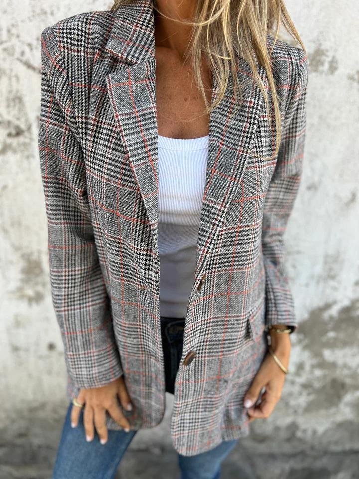 Women's Plaid Notch Lapel Button Front Blazer