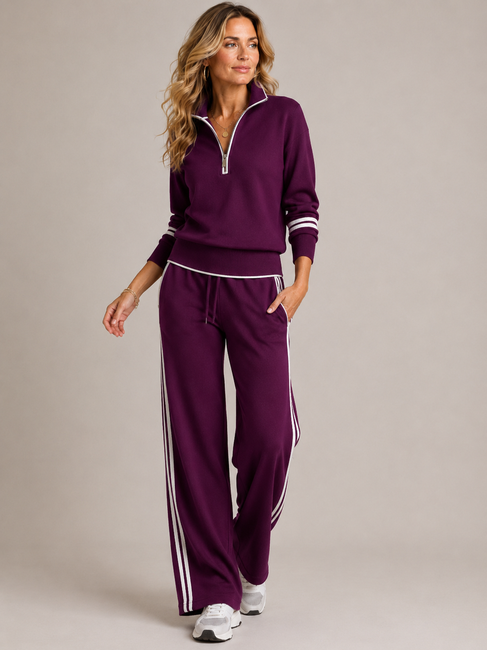 Women's Quarter-Zip Knit Wide-Leg Lounge Set