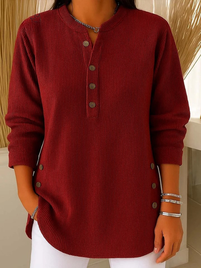 Women's Ribbed Knit Long Sleeve Henley Top