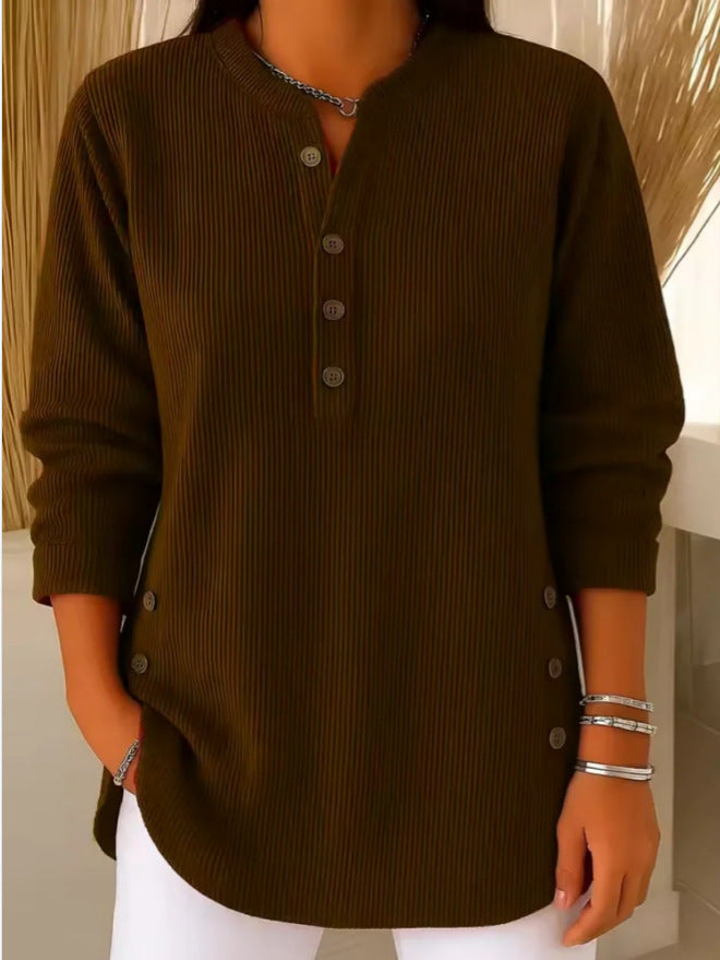 Women's Ribbed Knit Long Sleeve Henley Top
