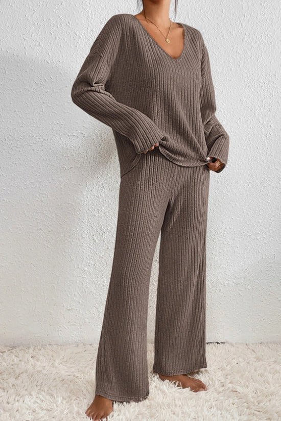 Women's Ribbed Knit V-Neck Two-Piece Lounge Set