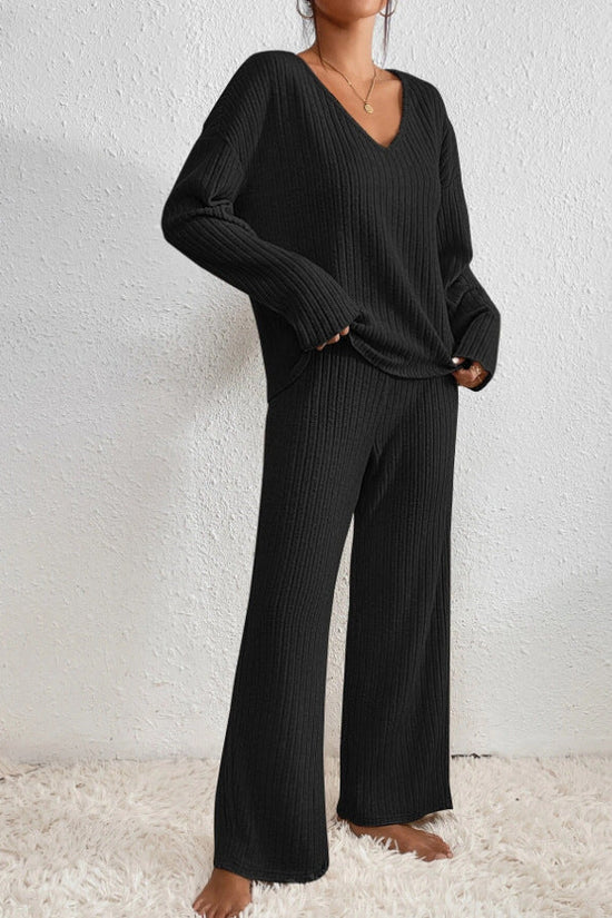 Women's Ribbed Knit V-Neck Two-Piece Lounge Set