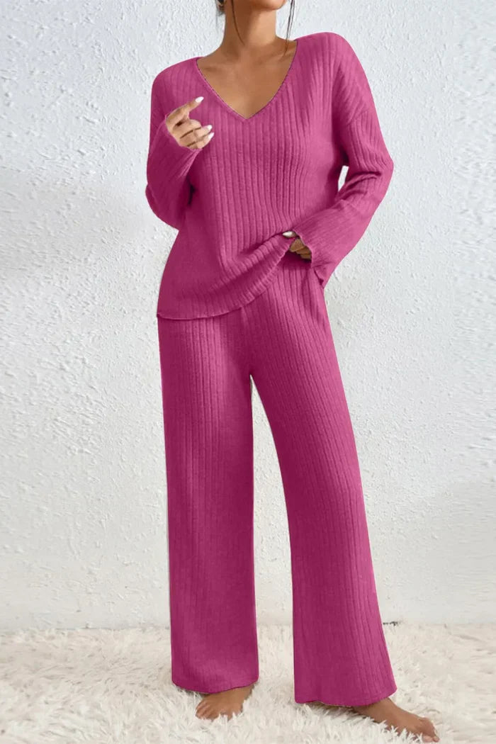 Women's Ribbed Knit V-Neck Two-Piece Lounge Set